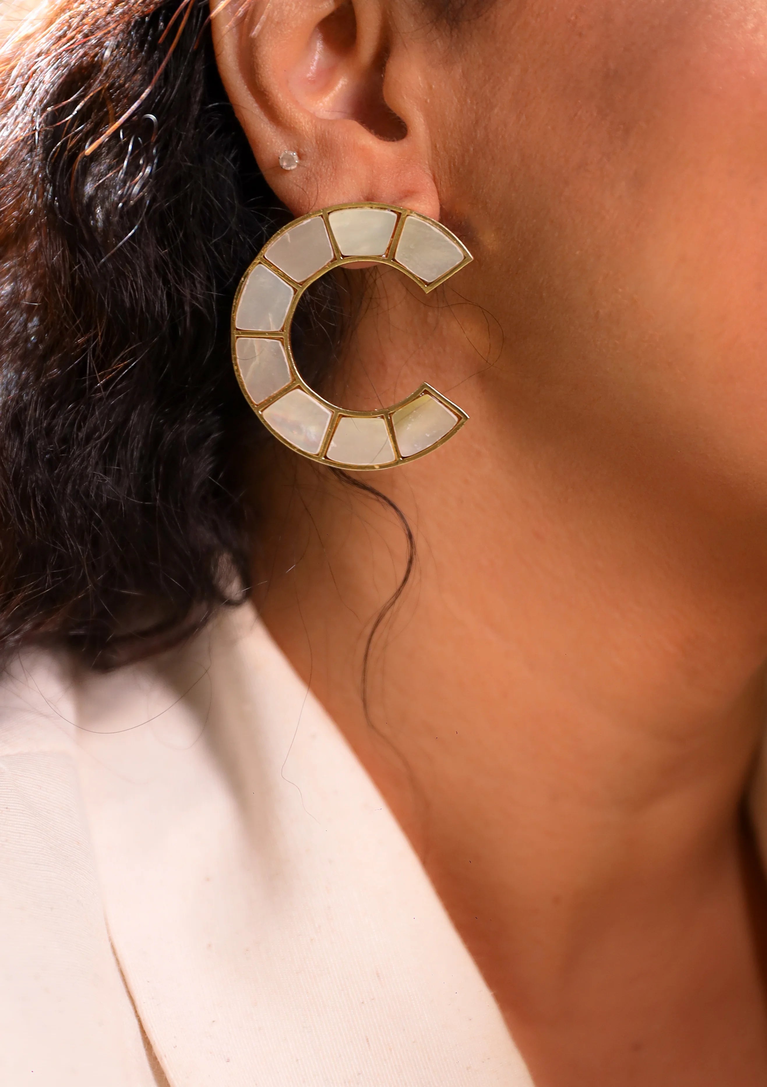 Mother of Pearl half moon geometric hoop earrings