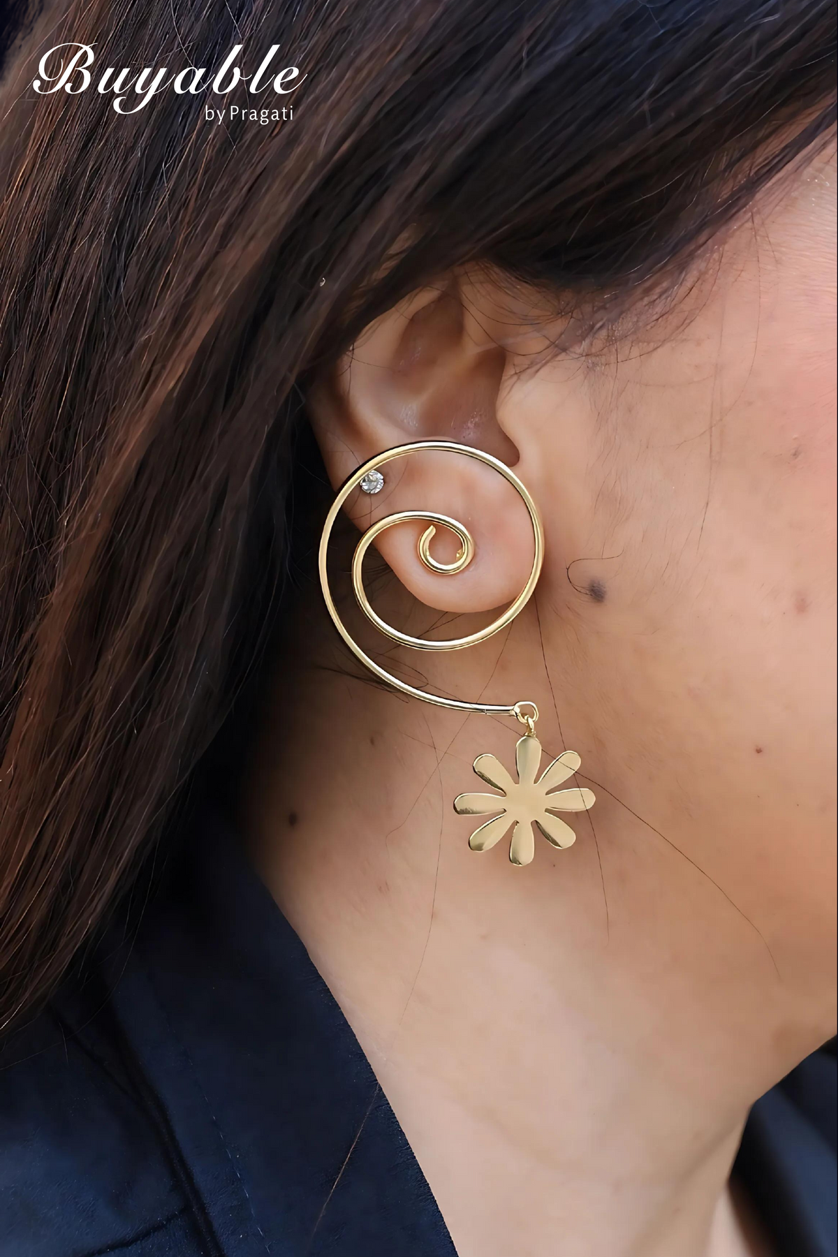 Spiral Gold-Plated Earrings with Flower Charm