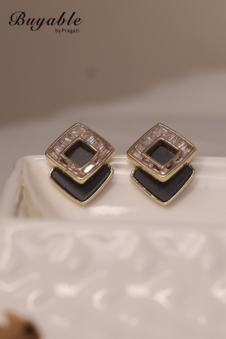 Geometric Dual-Square Crystal Stud Earrings