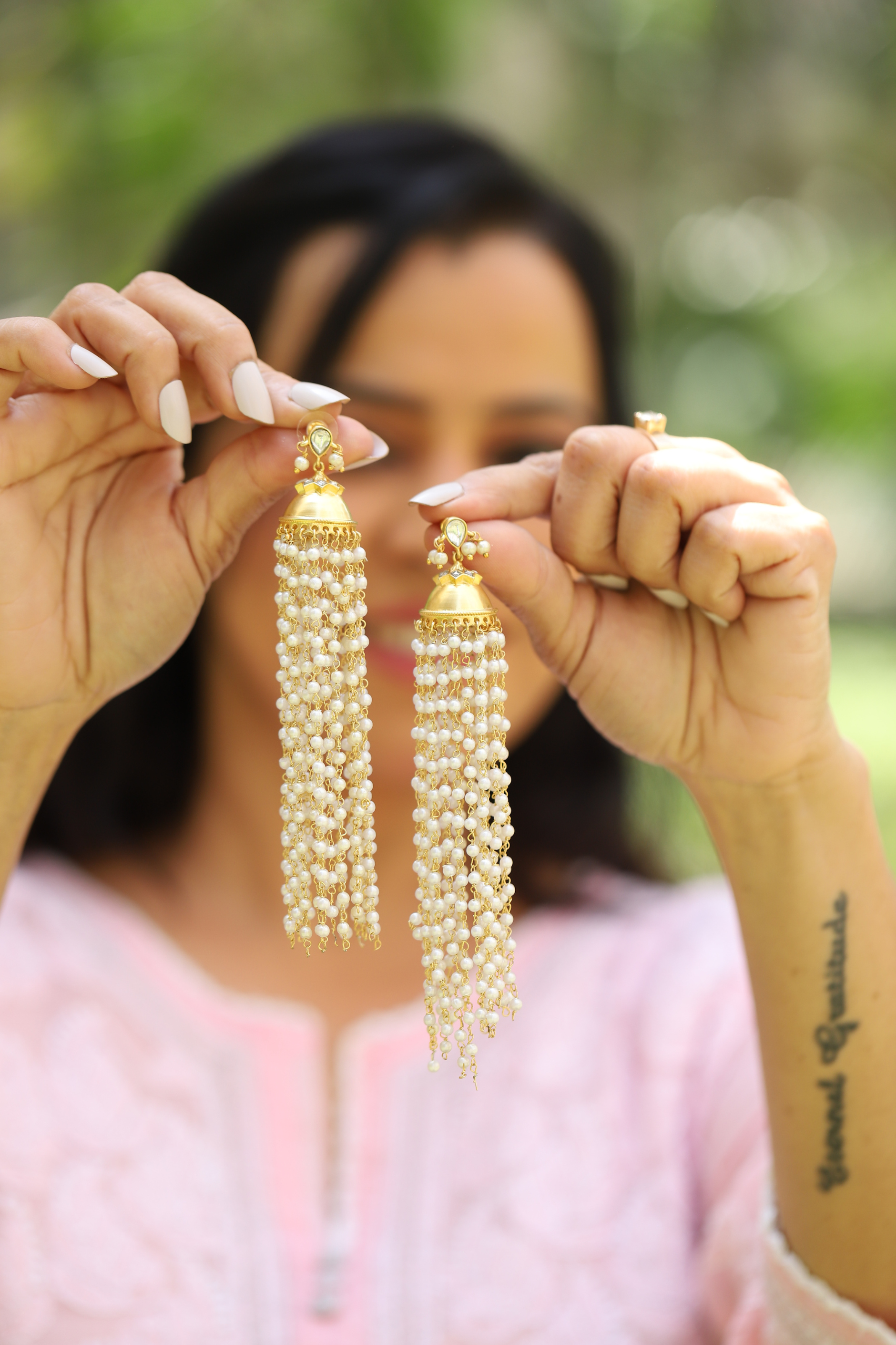 18 k gold Pearl Tassel Jhumkas