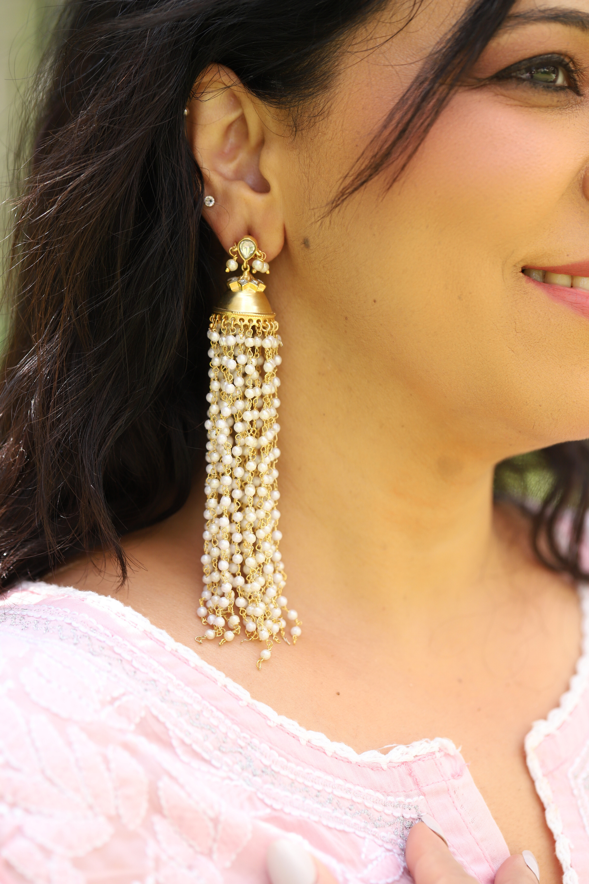 18 k gold Pearl Tassel Jhumkas