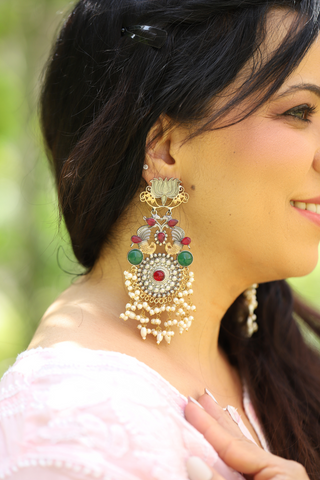 Lotus Brass Pearl Chandbali Earrings