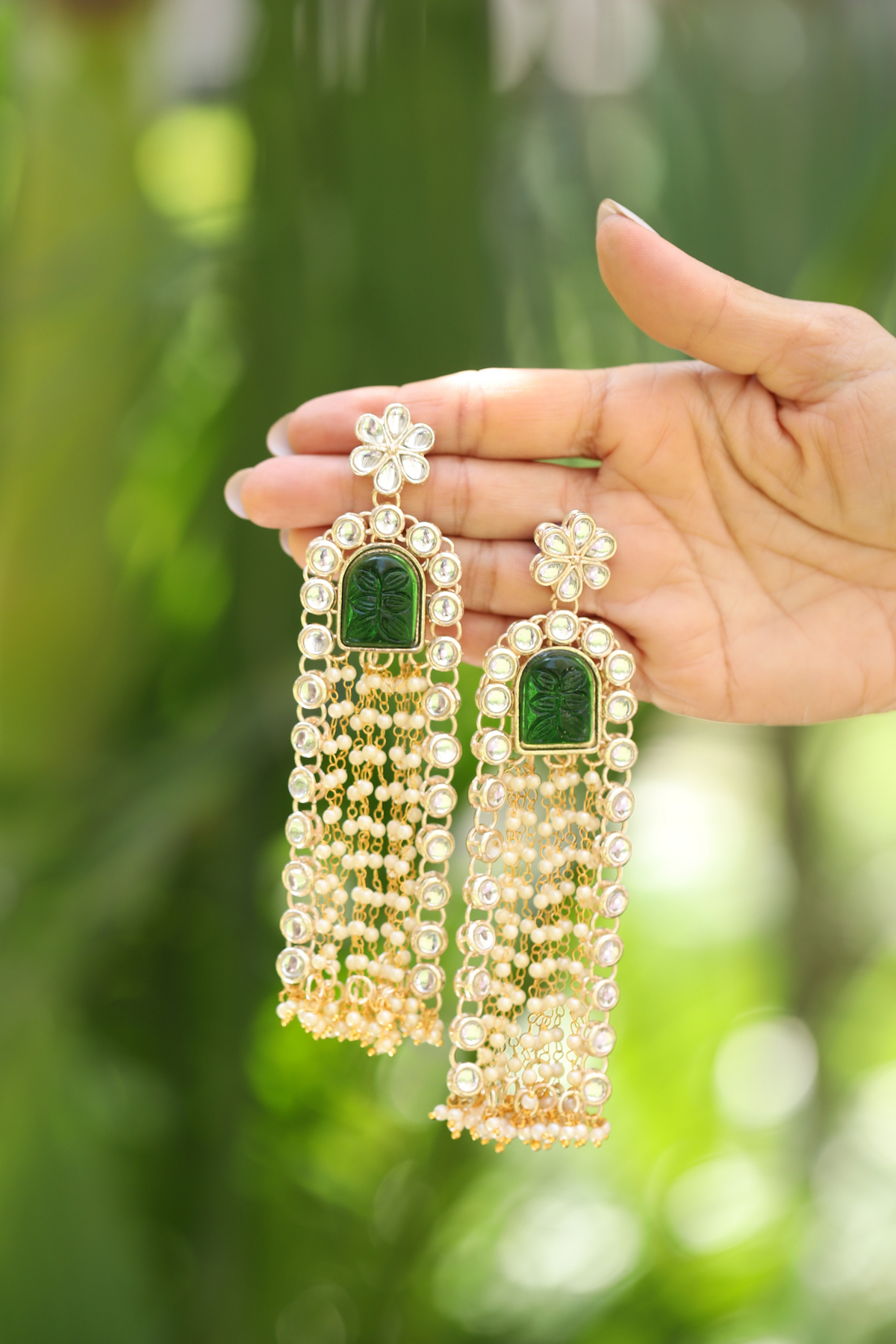 Royal Green Stone Kundan Chandbali Earrings