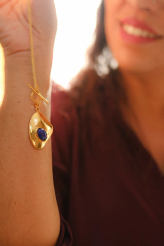 Gold brass blue gemstone  paper clip fashion chain neckpiece