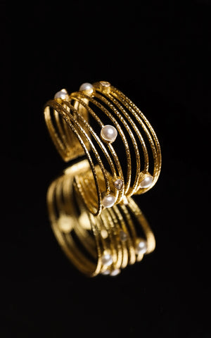 Pearl and moonstone multi bangle adjustable statement cuffs