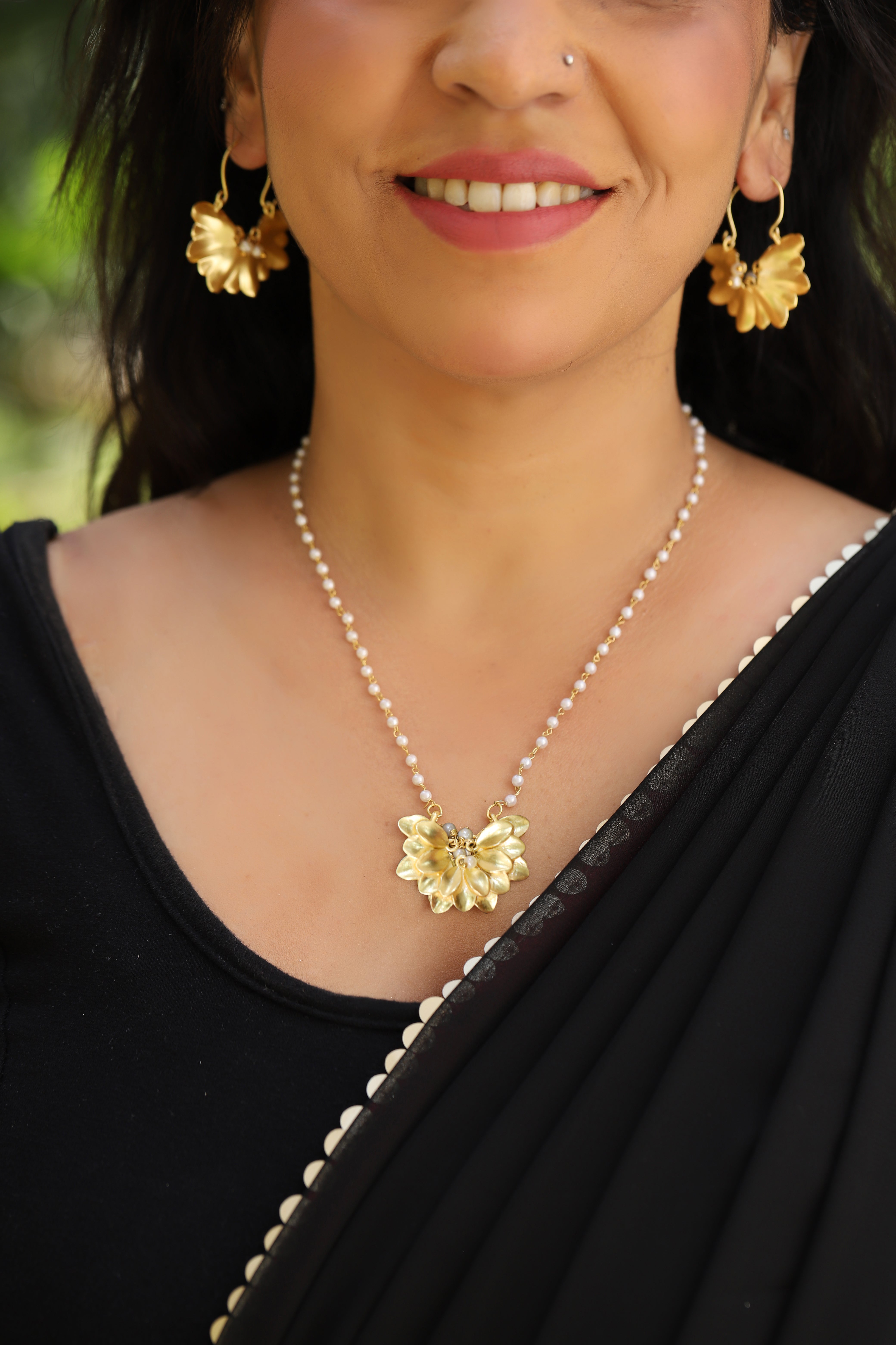 Lotus Motif 18 k Gold-Plated Necklace and Earring Set